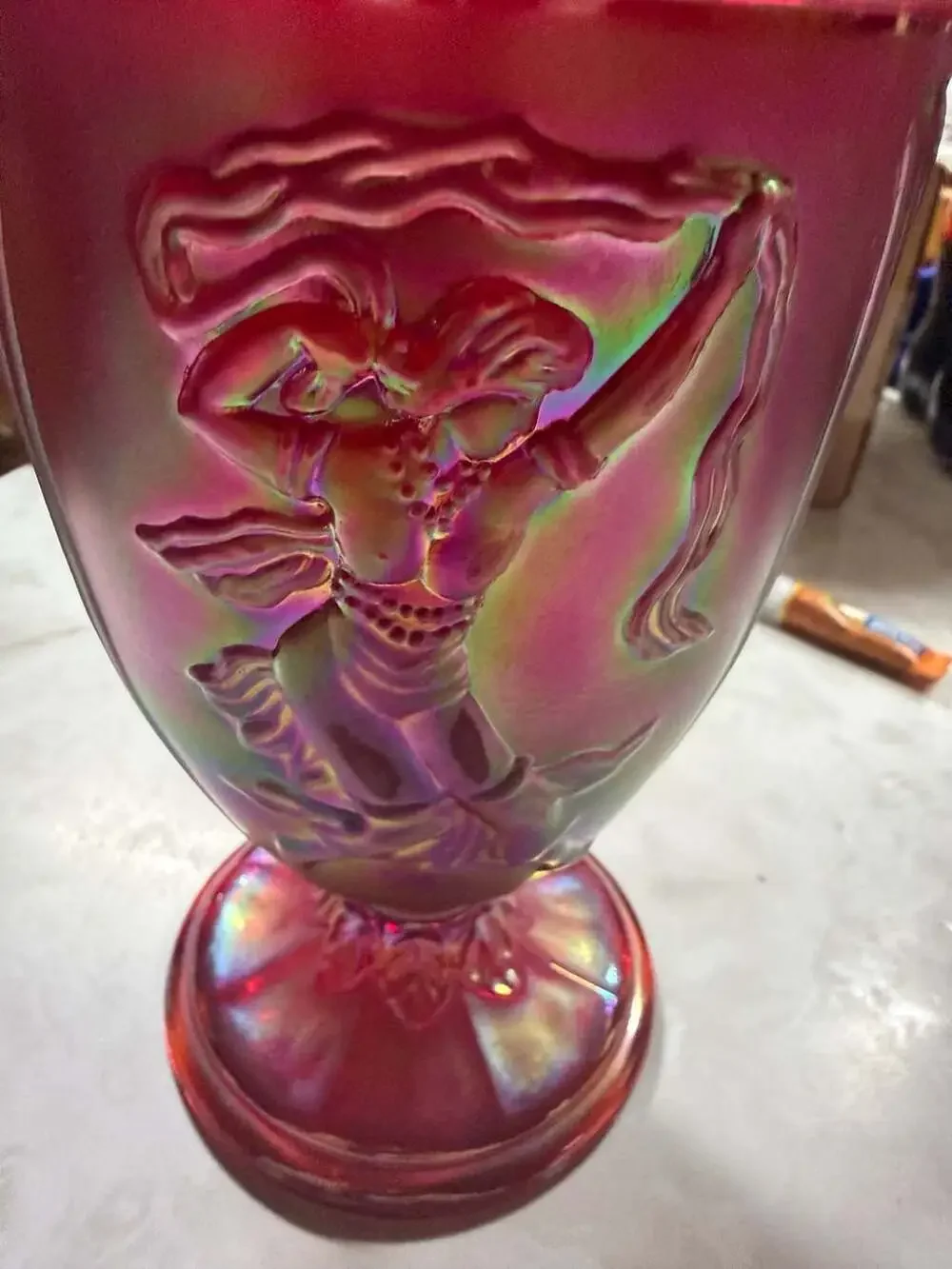 Fenton Ruby Red Carnival Glass Dancing Ladies Urn Vase